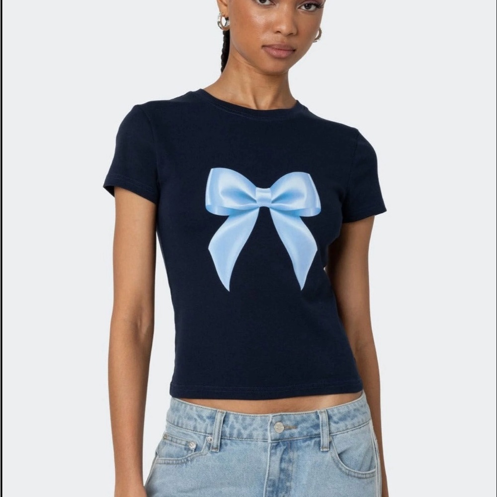 Edikted Navy Blue Crop Top with Light Blue Bow